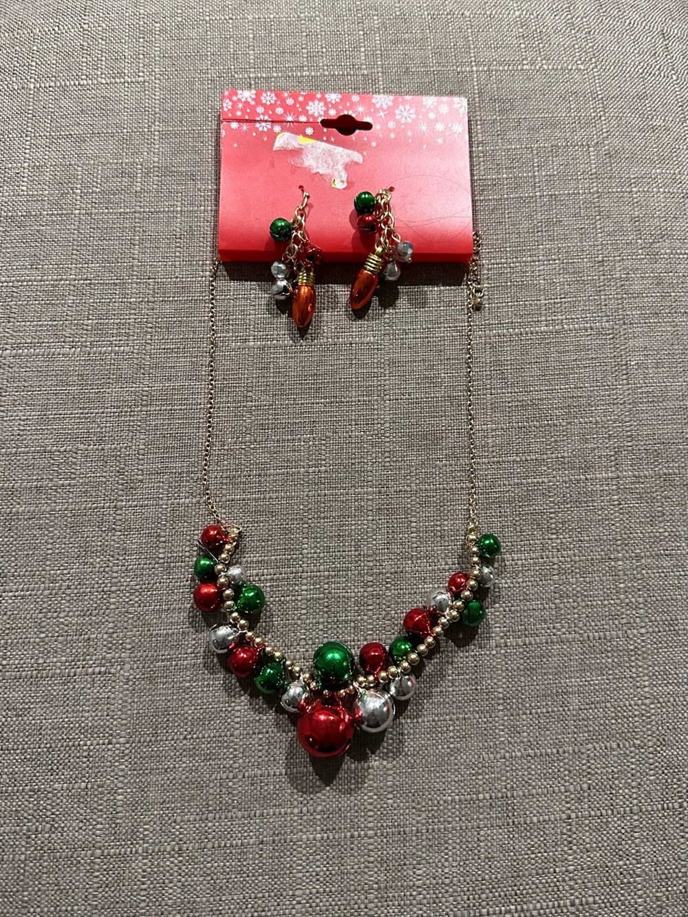 Festive Red, Green & Silver Bead Necklace and Earring Set